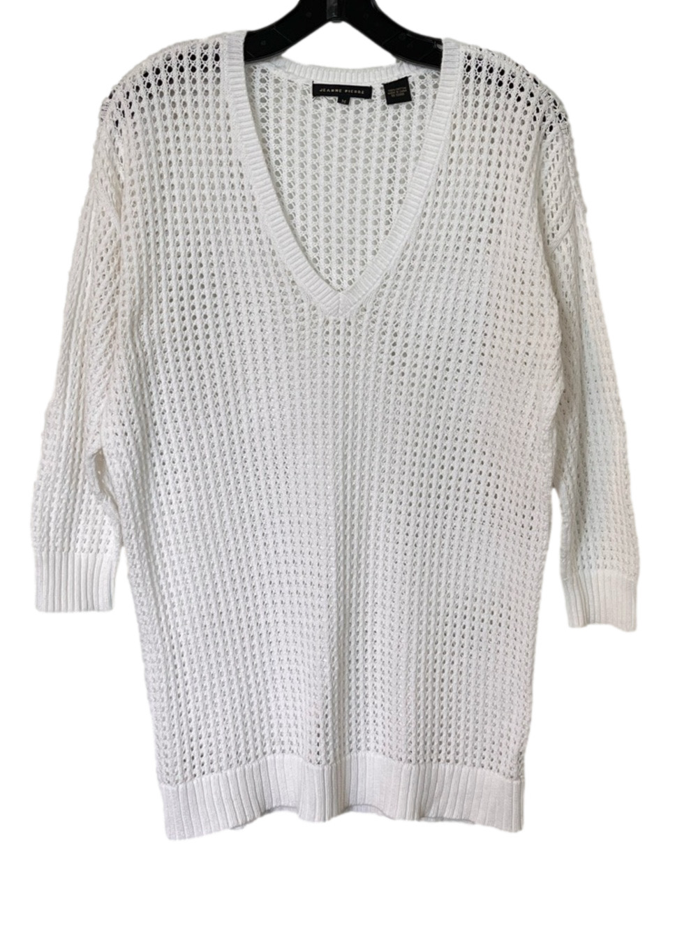 Jeanne Pierre White Open Knit V-Neck Sweater Medium Coastal Grandmother